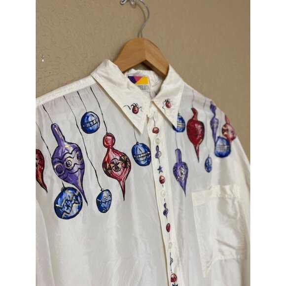 Montello Womens Vintage Shirt Size XL White Silk Oversized Ornament Blouse - Picture 8 of 10